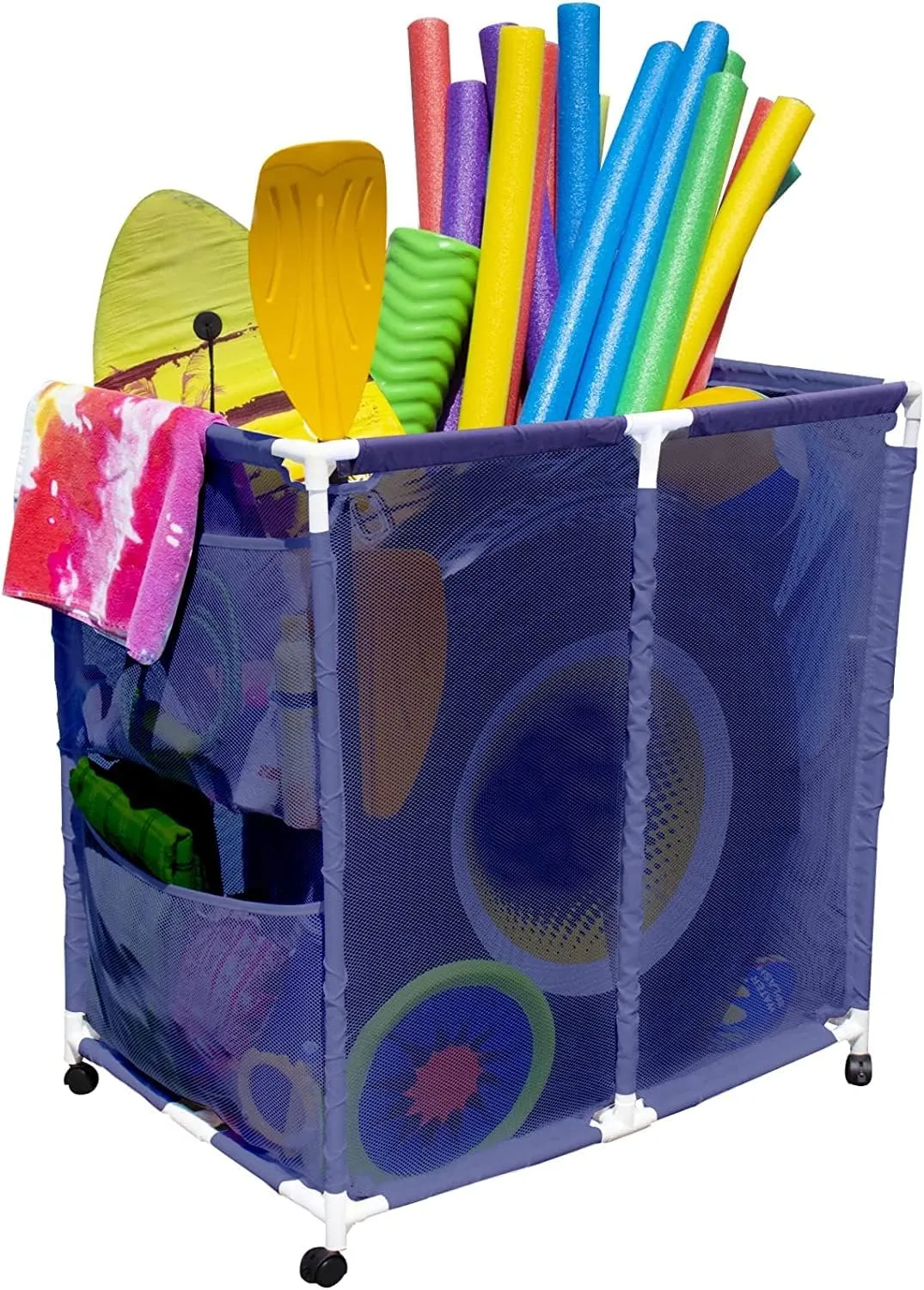 Outdoor Pool Floats, Balls, Toys and Equipment Rolling Mesh Organizer Storage Bin, Large (35" W x 25.4" L x 37.5" H), Blue/White
