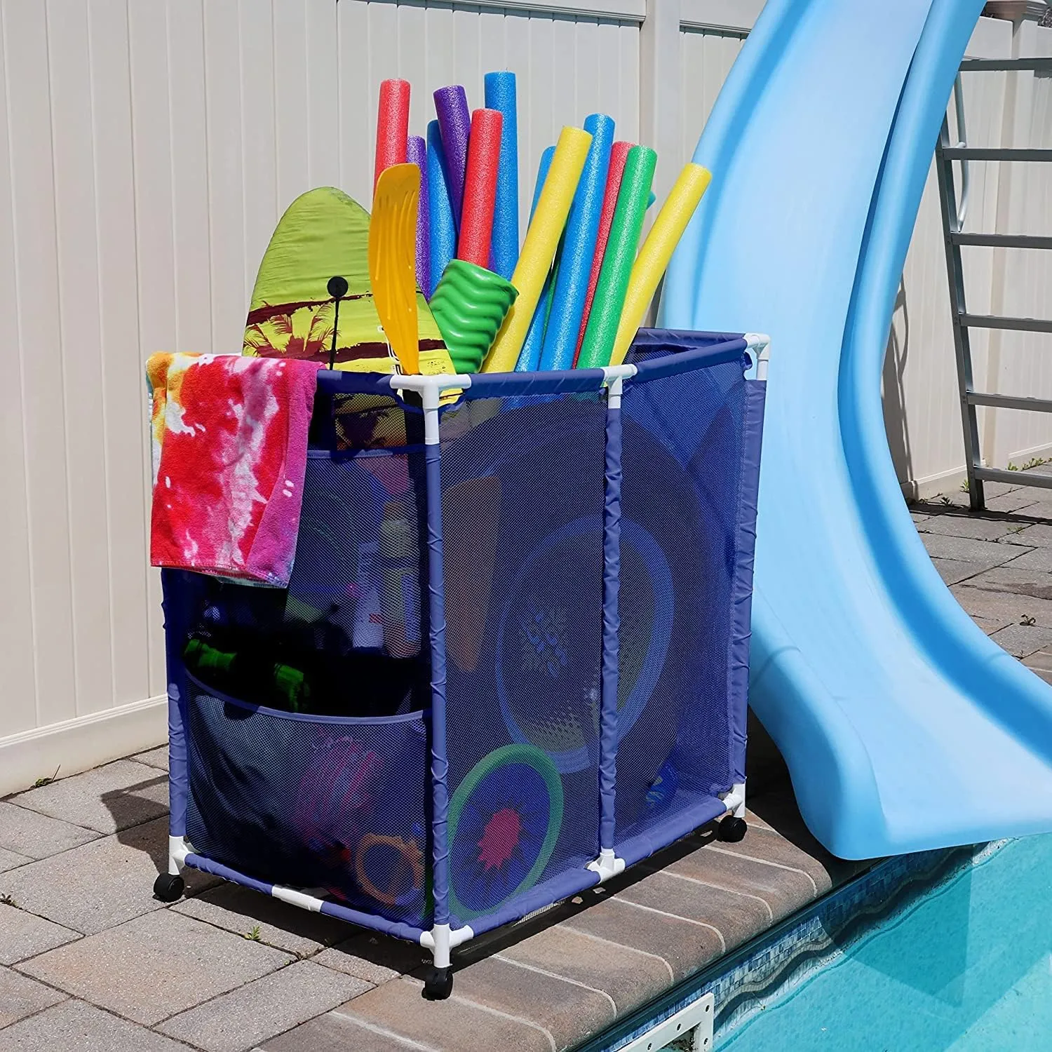 Outdoor Pool Floats, Balls, Toys and Equipment Rolling Mesh Organizer Storage Bin, Large (35" W x 25.4" L x 37.5" H), Blue/White