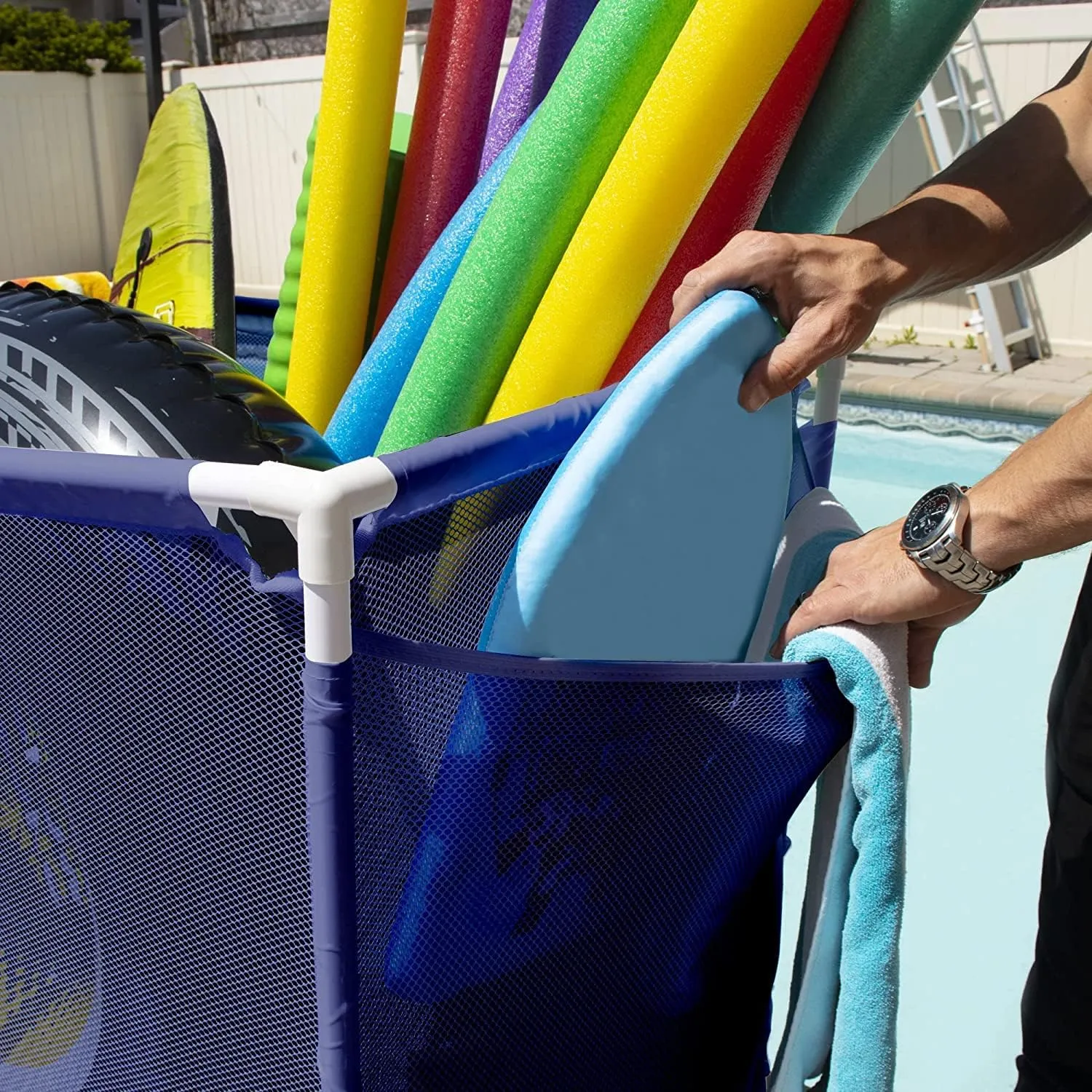 Outdoor Pool Floats, Balls, Toys and Equipment Rolling Mesh Organizer Storage Bin, Large (35" W x 25.4" L x 37.5" H), Blue/White