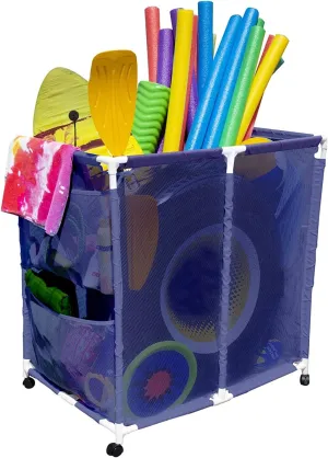 Outdoor Pool Floats, Balls, Toys and Equipment Rolling Mesh Organizer Storage Bin, Large (35" W x 25.4" L x 37.5" H), Blue/White