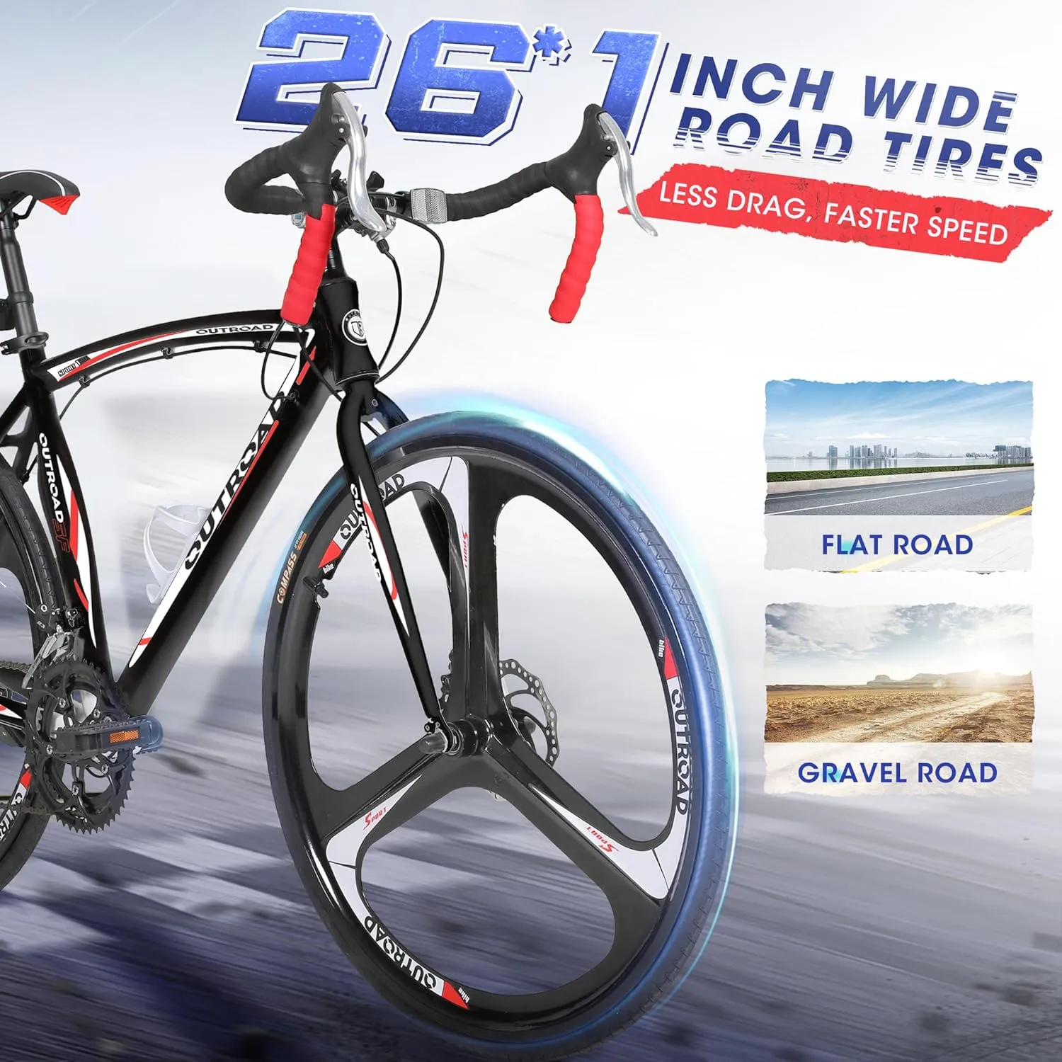 Outroad Road Bike 14-21Speed 700C Wheel with Light Aluminum Alloy Frame Commuter Bicycle with Dual Disc/V Brakes for Men and Women Blue,Red,Black,White