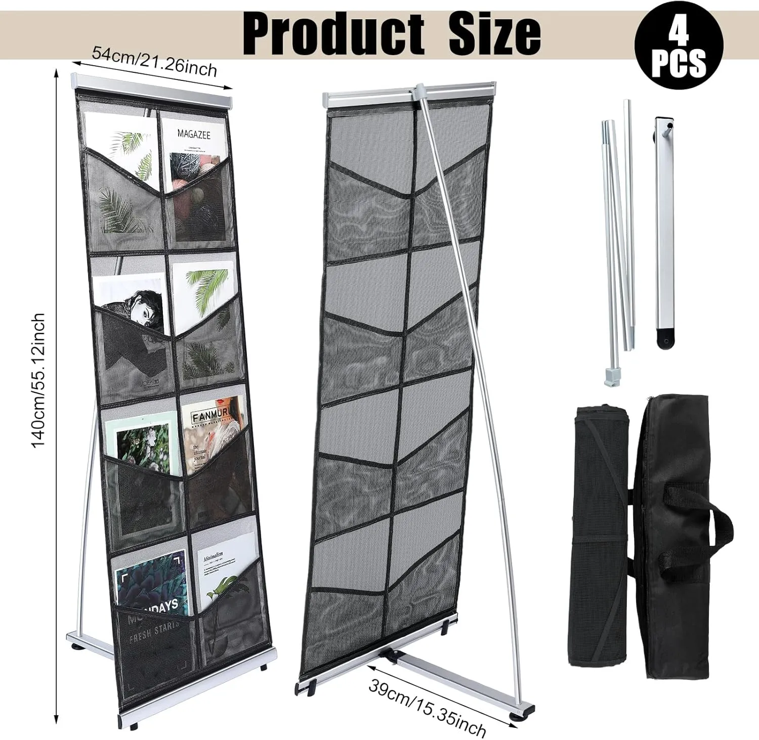 Outus 4 Pcs Brochure Stand Holder with 8 Pockets Mesh Literature Rack Floor Portable Magazine Display Stand Standing Brochure Rack for Trade Shows Table Top