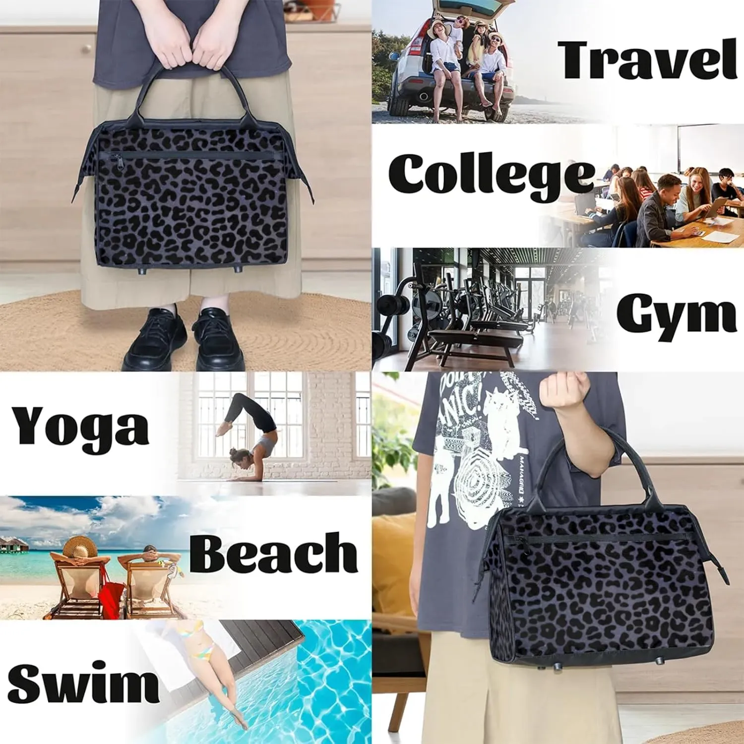 Overnight Weekender Bag for Women Men Black Leopard Cheetah Waterproof Carry On Travel Duffel Bags with Zipper Lightweight Sports Gym Bag Luggage Workout Handle Bags for Traveling Yoga Camping