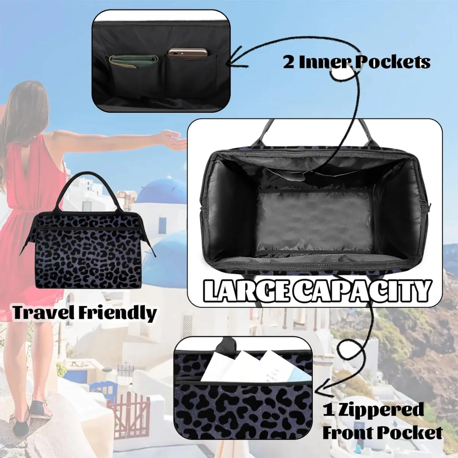 Overnight Weekender Bag for Women Men Black Leopard Cheetah Waterproof Carry On Travel Duffel Bags with Zipper Lightweight Sports Gym Bag Luggage Workout Handle Bags for Traveling Yoga Camping