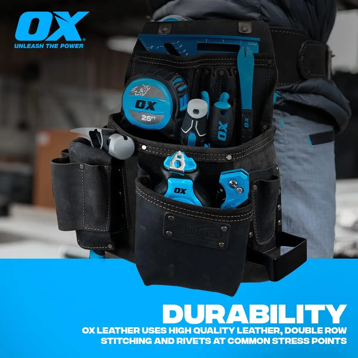 OX Tools Pro Oil-Tanned Leather Tool Pouch Set – Heavy-Duty Tool Belt Pouches for Carpenters, Drywallers, Framers & Electricians, Multi-Pocket, Reinforced Stitching & Hammer Holders