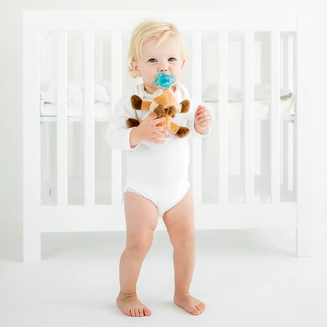 PaciBuddy Deer Pacifier Holder - Plush Toy with Detachable Pacifier & Universal Adapter, Gender Neutral Baby Gift for 0  months - Infant Plush Baby Toy, Versatile Baby Essentials, Binky
