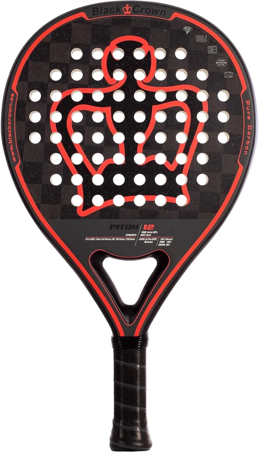 Paddle racquet Piton 12 - Round Shape - Control and Power - Weight 355 to 370 g - Frame 38 mm with Double Tubular Carbon Fiber 80% - Resistant - Professional Level.