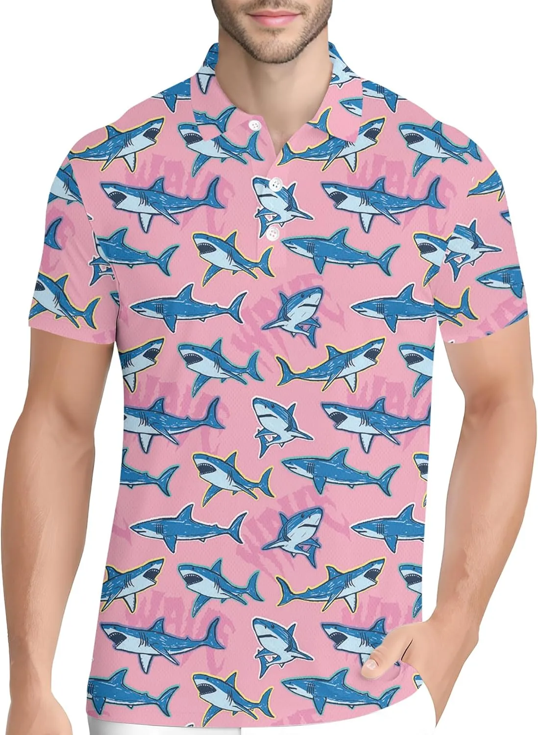 PAGYMO Golf Shirts for Men Crazy Hawaiian Funny Print Mens Polo Shirt Shark Gifts, 4X-Large, Aop-polo-60365