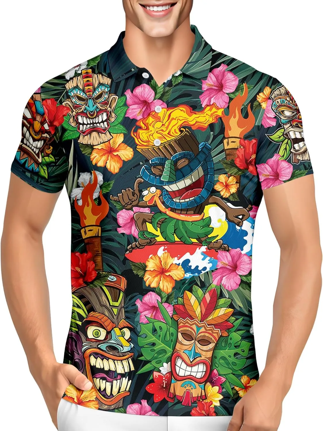 PAGYMO Golf Shirts for Men Crazy Hawaiian Print Funny Mens Polo Shirt Tropical Shirt, 5X-Large, Aop-polo-82636