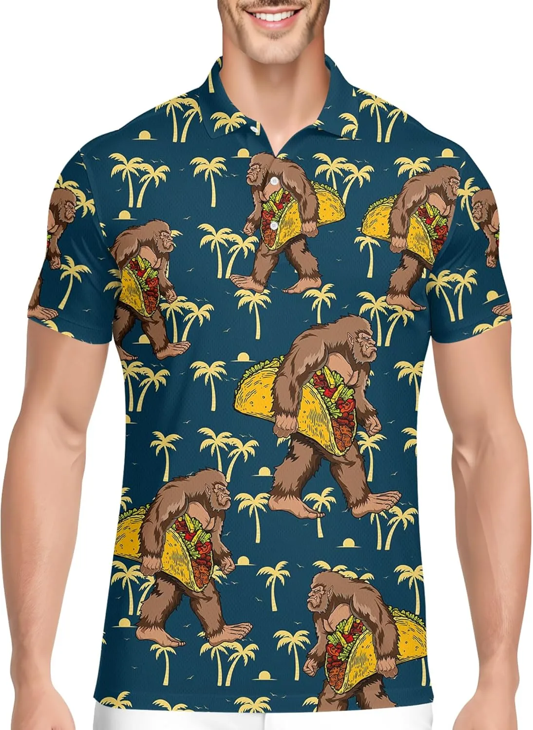 PAGYMO Golf Shirts for Men Hawaiian Funny Crazy Print Mens Polo Shirt Bigfoot Shirt, Large, Aop-polo-37697