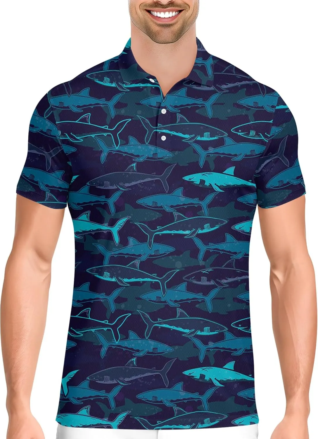 PAGYMO Golf Shirts for Men Hawaiian Funny Crazy Print Mens Polo Shirt Shark Shirts, 5X-Large, Aop-polo-64265