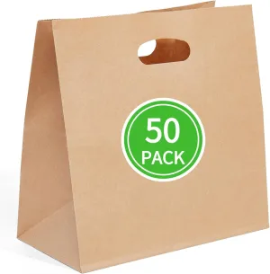 PAICUIKE 50 Pcs 11x6x11 Die Cut Tote Brown Paper Bags with Handle Bulk, Kraft Paper Grocery/Takeout Bags for Restaurant, Bakery, Retail