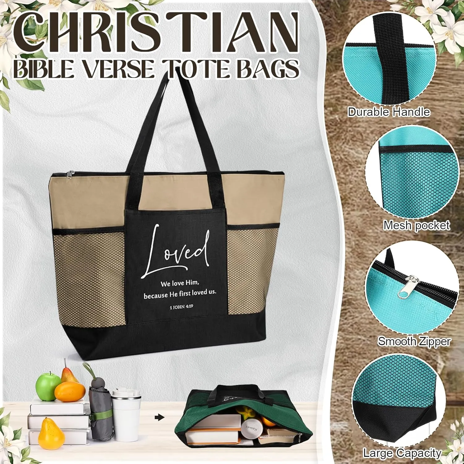 Paterr 10 Pcs Christian Tote Bags Bulk with Pocket Zipper for Women Bible Study Group Religious Church Gifts
