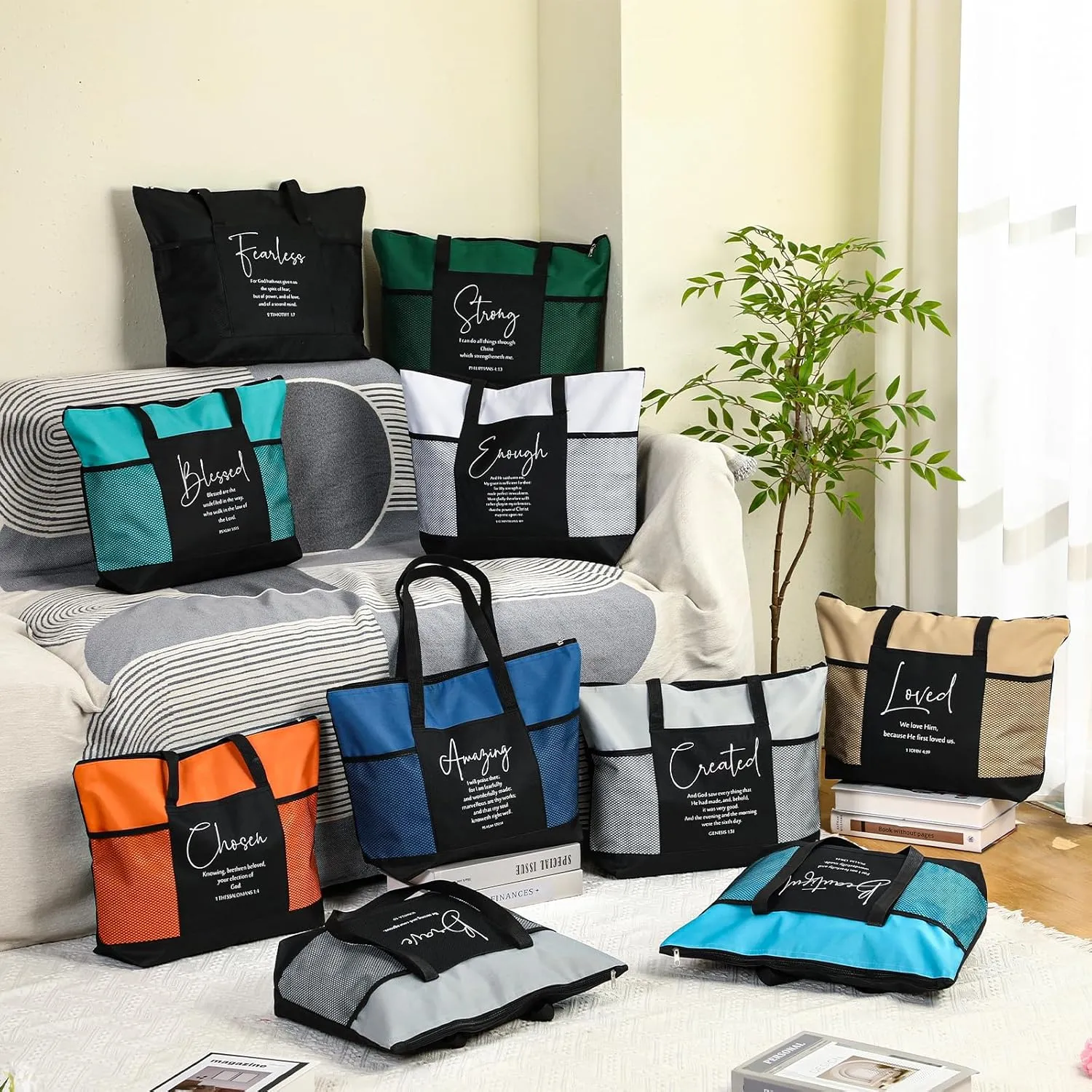 Paterr 10 Pcs Christian Tote Bags Bulk with Pocket Zipper for Women Bible Study Group Religious Church Gifts