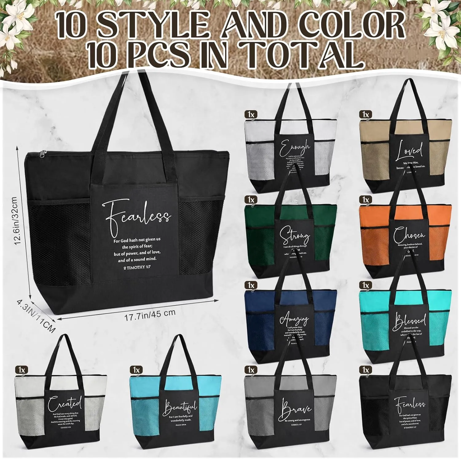 Paterr 10 Pcs Christian Tote Bags Bulk with Pocket Zipper for Women Bible Study Group Religious Church Gifts