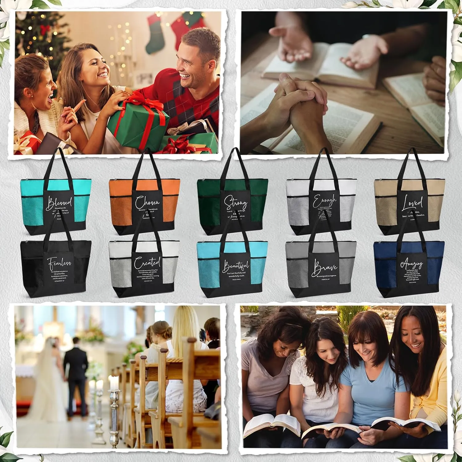Paterr 10 Pcs Christian Tote Bags Bulk with Pocket Zipper for Women Bible Study Group Religious Church Gifts