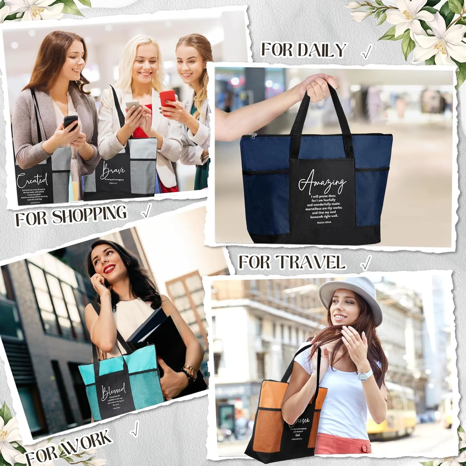 Paterr 10 Pcs Christian Tote Bags Bulk with Pocket Zipper for Women Bible Study Group Religious Church Gifts