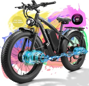 Peak-5000W-Dual-Motor-Ebike for Adults-Men, 52V 34AH Long Range Dirtbike, 24"*4" Fat-Tire-Electric-Bike 42-46MPH-Hunting E-Bike, AWD Lockable Suspension Mountain Bicycle for Off-Road Snow Sand Women