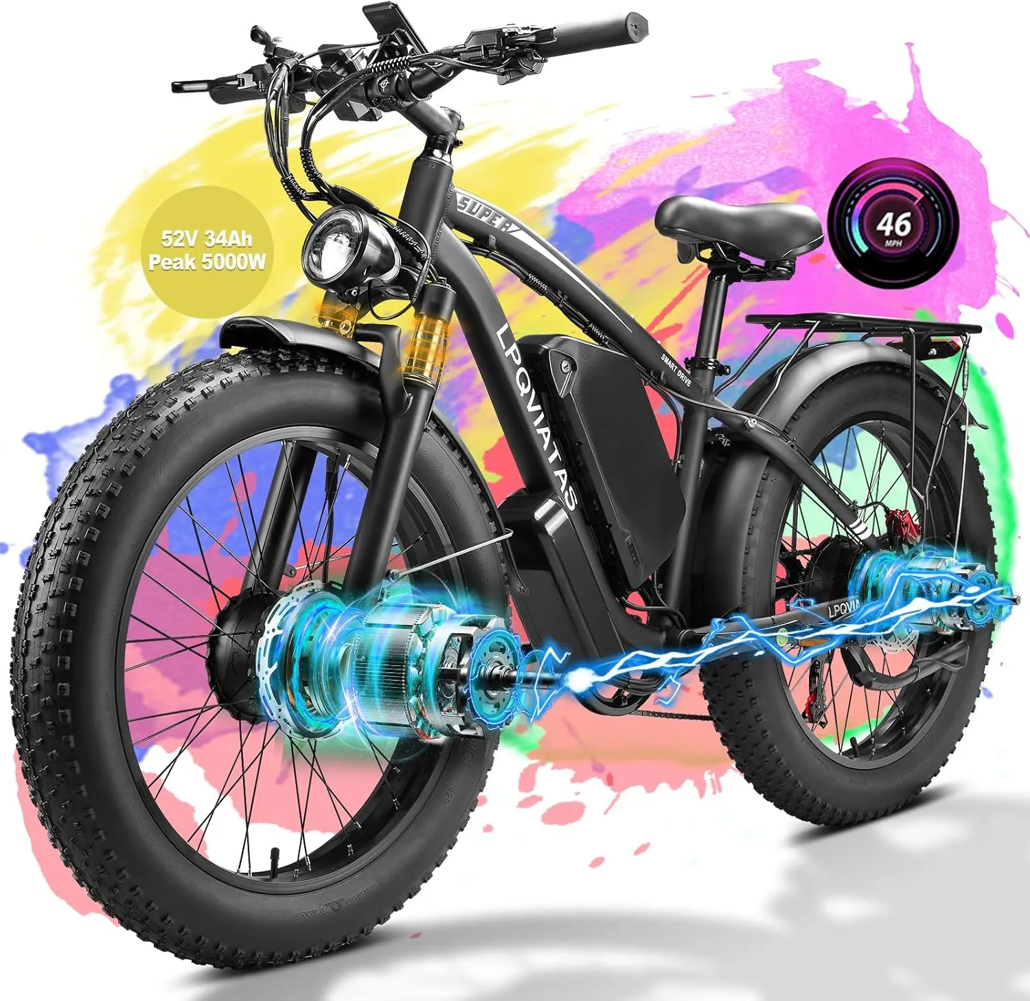 Peak-5000W-Dual-Motor-Ebike for Adults-Men, 52V 34AH Long Range Dirtbike, 24"*4" Fat-Tire-Electric-Bike 42-46MPH-Hunting E-Bike, AWD Lockable Suspension Mountain Bicycle for Off-Road Snow Sand Women