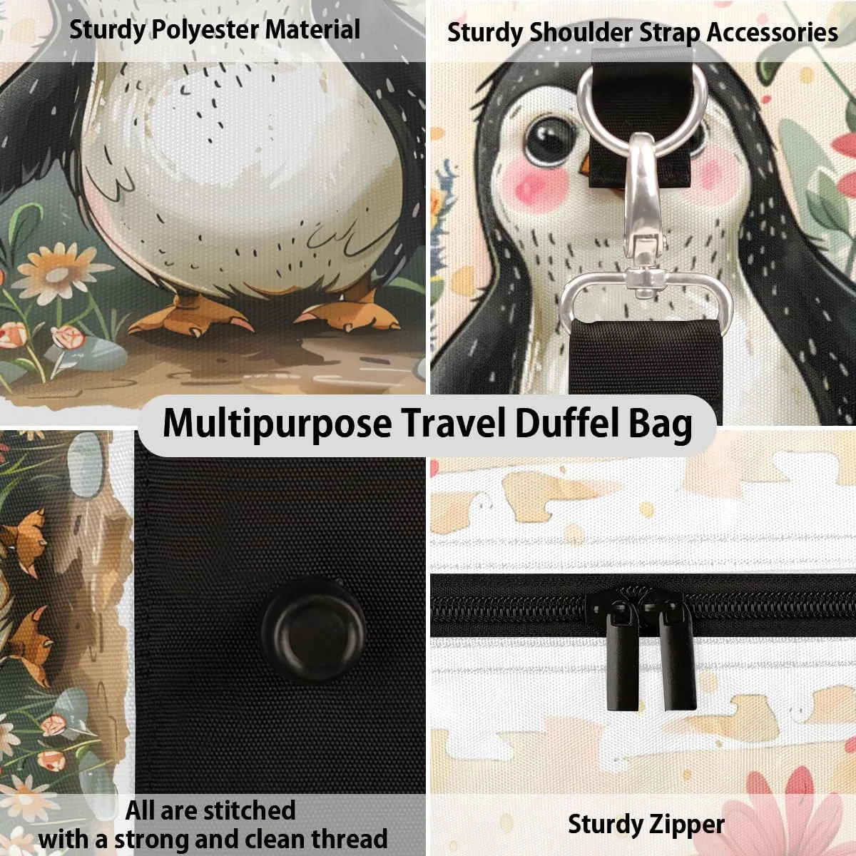 Penguin Travel Duffle Bag, Sports Gym Bags for Women Men, Carry On Weekender Overnight Bag, Cute Penguin Workout Hospital Airplane Trips Bag