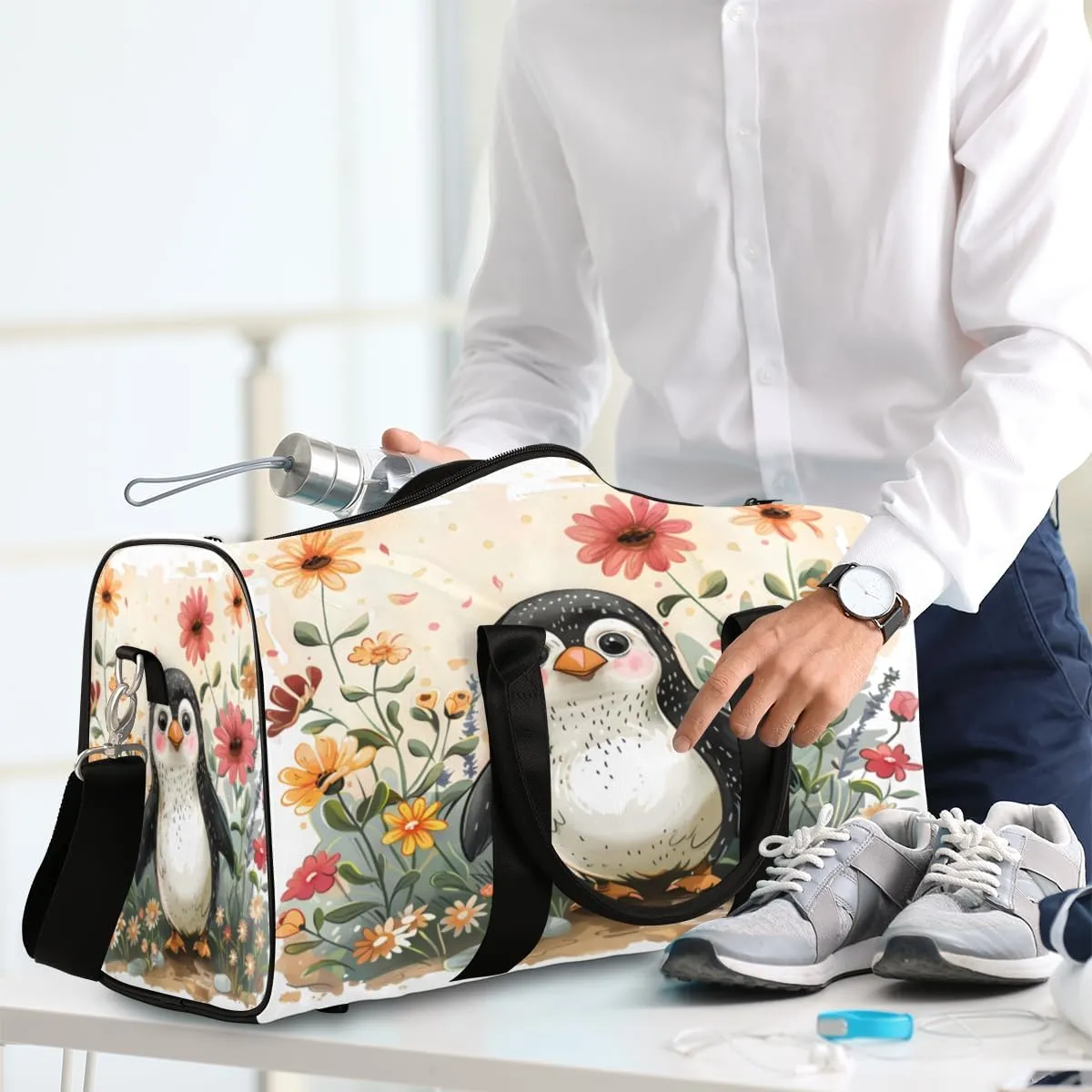 Penguin Travel Duffle Bag, Sports Gym Bags for Women Men, Carry On Weekender Overnight Bag, Cute Penguin Workout Hospital Airplane Trips Bag