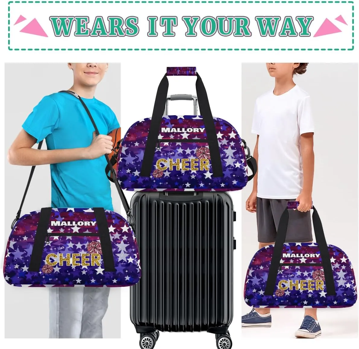 Personalized Boy Sports Bag, Custom Sport Duffel Bag, Cheerleading Dance Bag Weekender Bags Travel Duffel Bag Stars Dark Purple Glitter Cheer