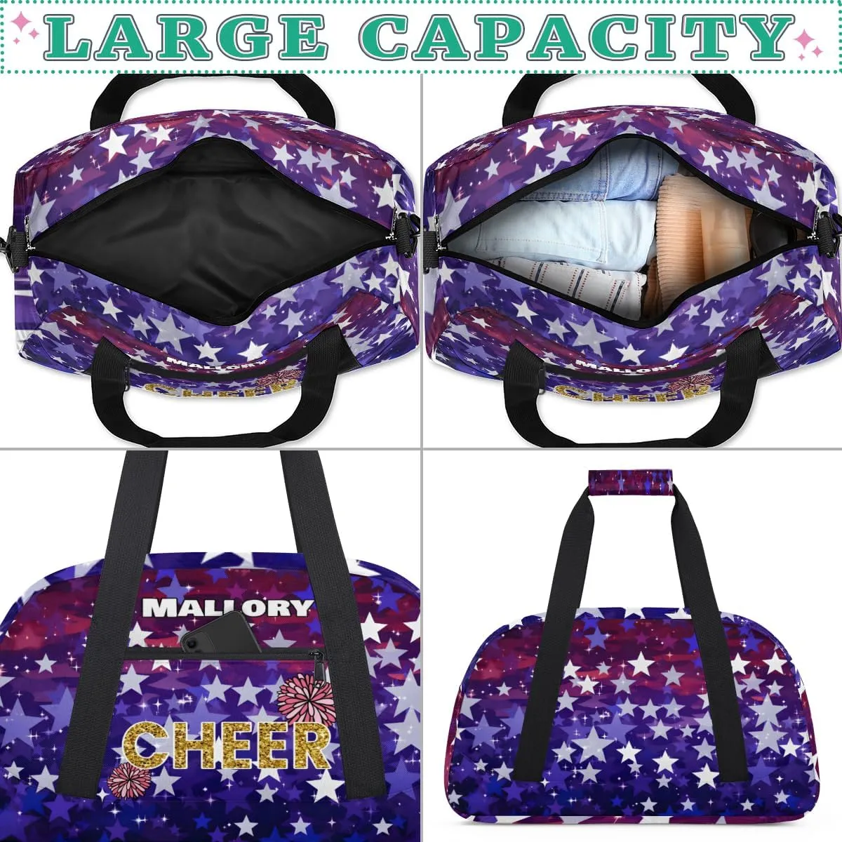 Personalized Boy Sports Bag, Custom Sport Duffel Bag, Cheerleading Dance Bag Weekender Bags Travel Duffel Bag Stars Dark Purple Glitter Cheer