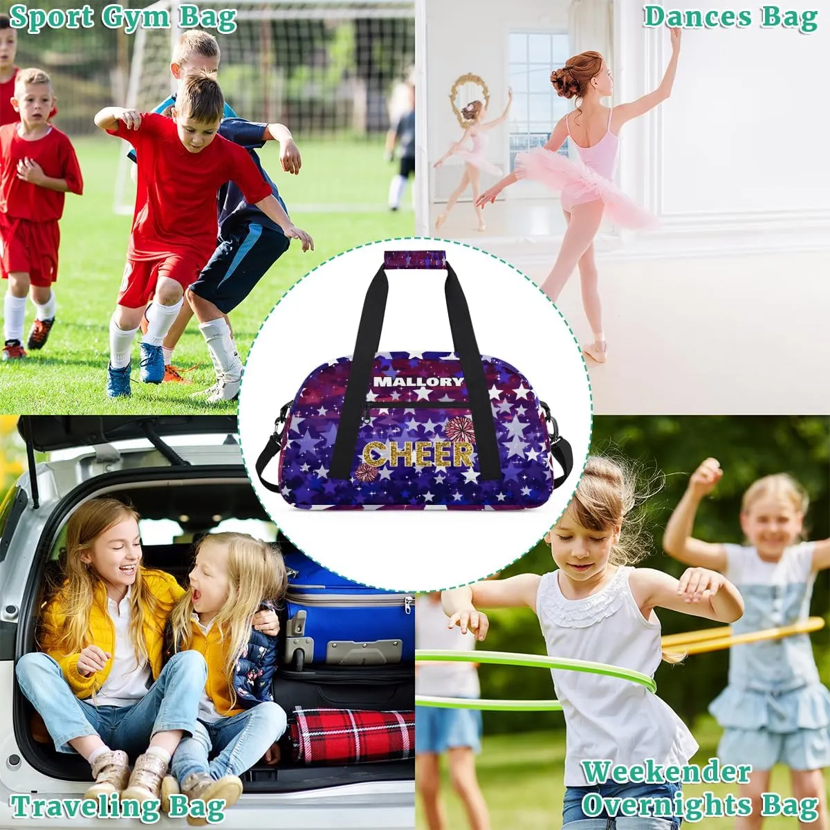 Personalized Boy Sports Bag, Custom Sport Duffel Bag, Cheerleading Dance Bag Weekender Bags Travel Duffel Bag Stars Dark Purple Glitter Cheer