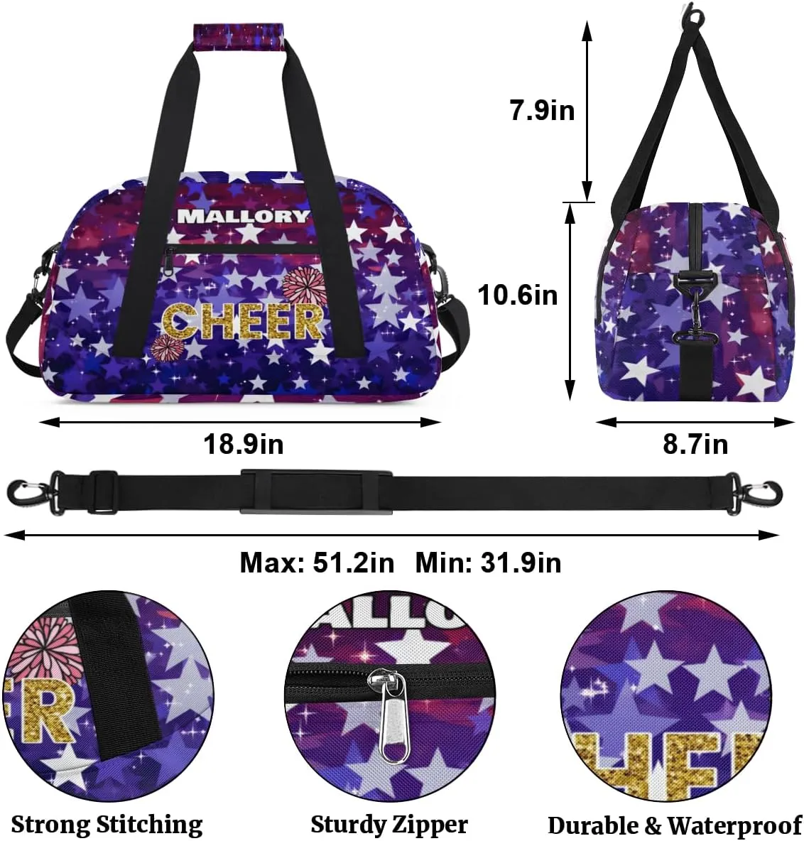 Personalized Boy Sports Bag, Custom Sport Duffel Bag, Cheerleading Dance Bag Weekender Bags Travel Duffel Bag Stars Dark Purple Glitter Cheer