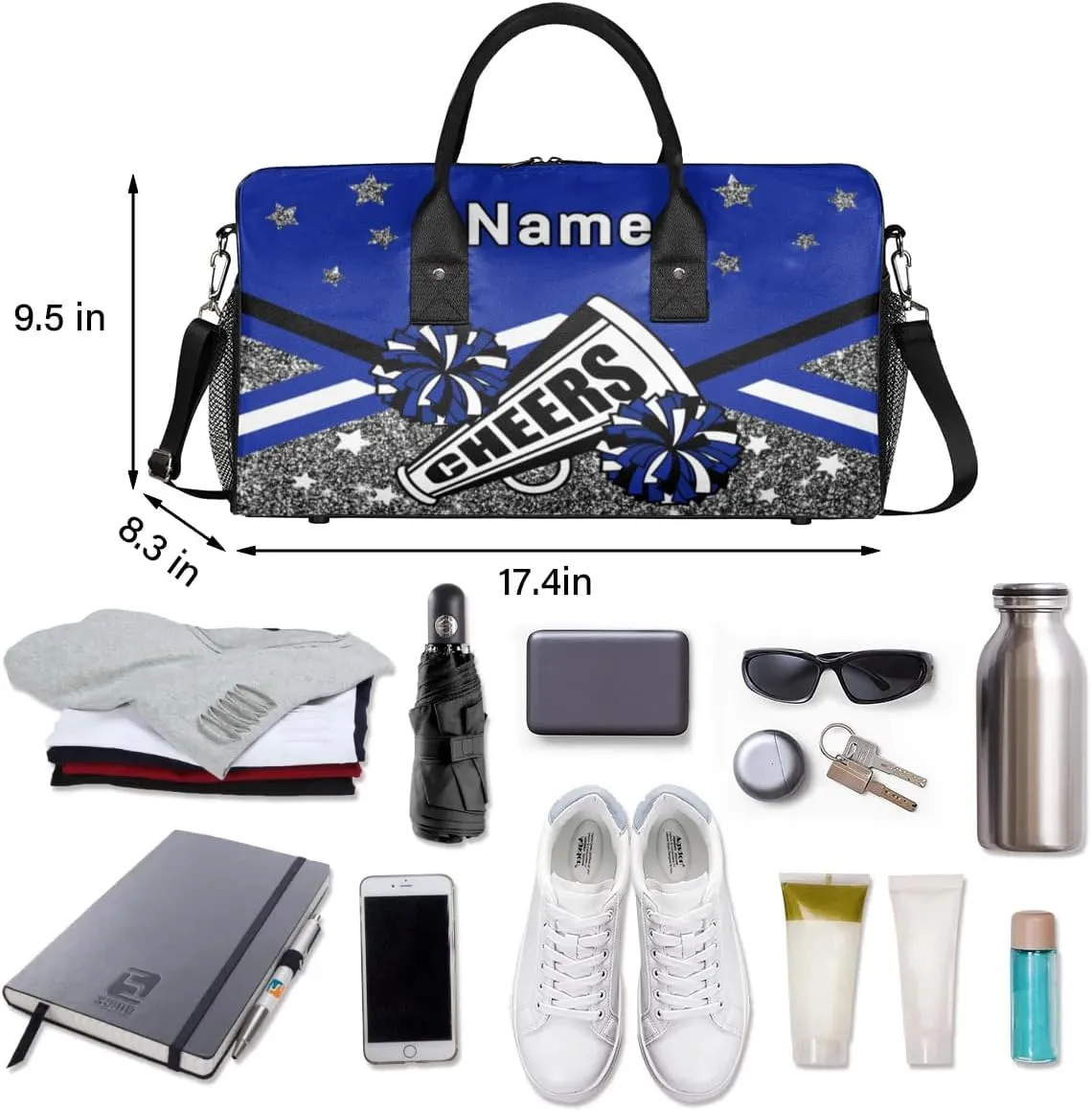Personalized Cheer Bag Custom Cheerleader Bag with Name Customized Gym Bag Sport Travel Duffel Bag for Women, Dark Blue Silver Gillter