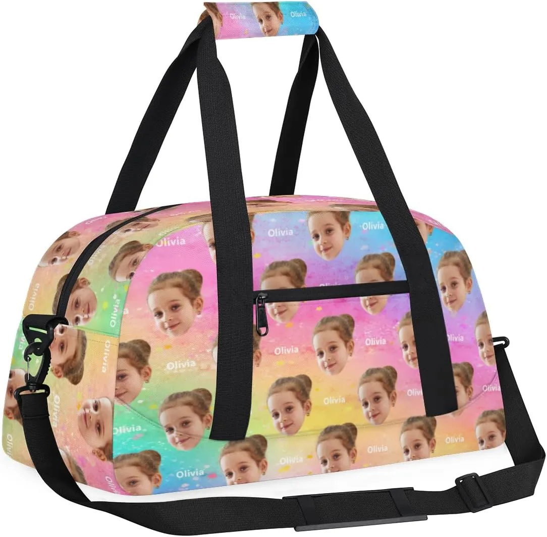 Personalized Cheerleaders Bag Dance Bag, Custom Name Face Sport Fitness Duffle Gym Bag Travel Weekender Lightweight Bags, Watercolor Colorful Pink Blue Yellow