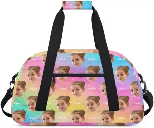 Personalized Cheerleaders Bag Dance Bag, Custom Name Face Sport Fitness Duffle Gym Bag Travel Weekender Lightweight Bags, Watercolor Colorful Pink Blue Yellow