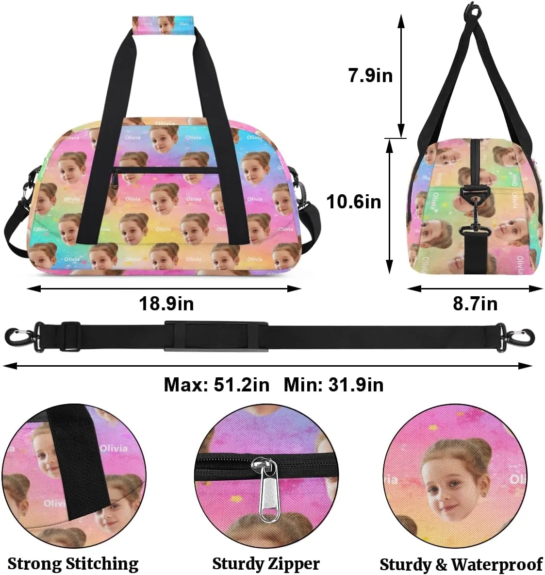 Personalized Cheerleaders Bag Dance Bag, Custom Name Face Sport Fitness Duffle Gym Bag Travel Weekender Lightweight Bags, Watercolor Colorful Pink Blue Yellow