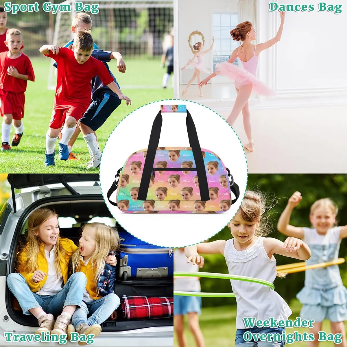 Personalized Cheerleaders Bag Dance Bag, Custom Name Face Sport Fitness Duffle Gym Bag Travel Weekender Lightweight Bags, Watercolor Colorful Pink Blue Yellow