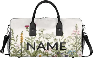 Personalized Colorful Wildflower Travel Duffel Bag with Name, Custom Gym Sport Bag Flower Floral Carry On Weekend Overnight Duffel Bag for Men Women