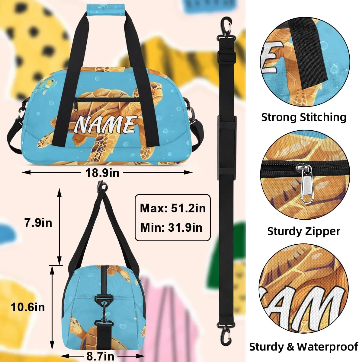 Personalized Custom Gym Bag for Women Men Carry on Sea Turtle Travel Duffel Tote Marine Biological Overnight Workout Weekender Bag