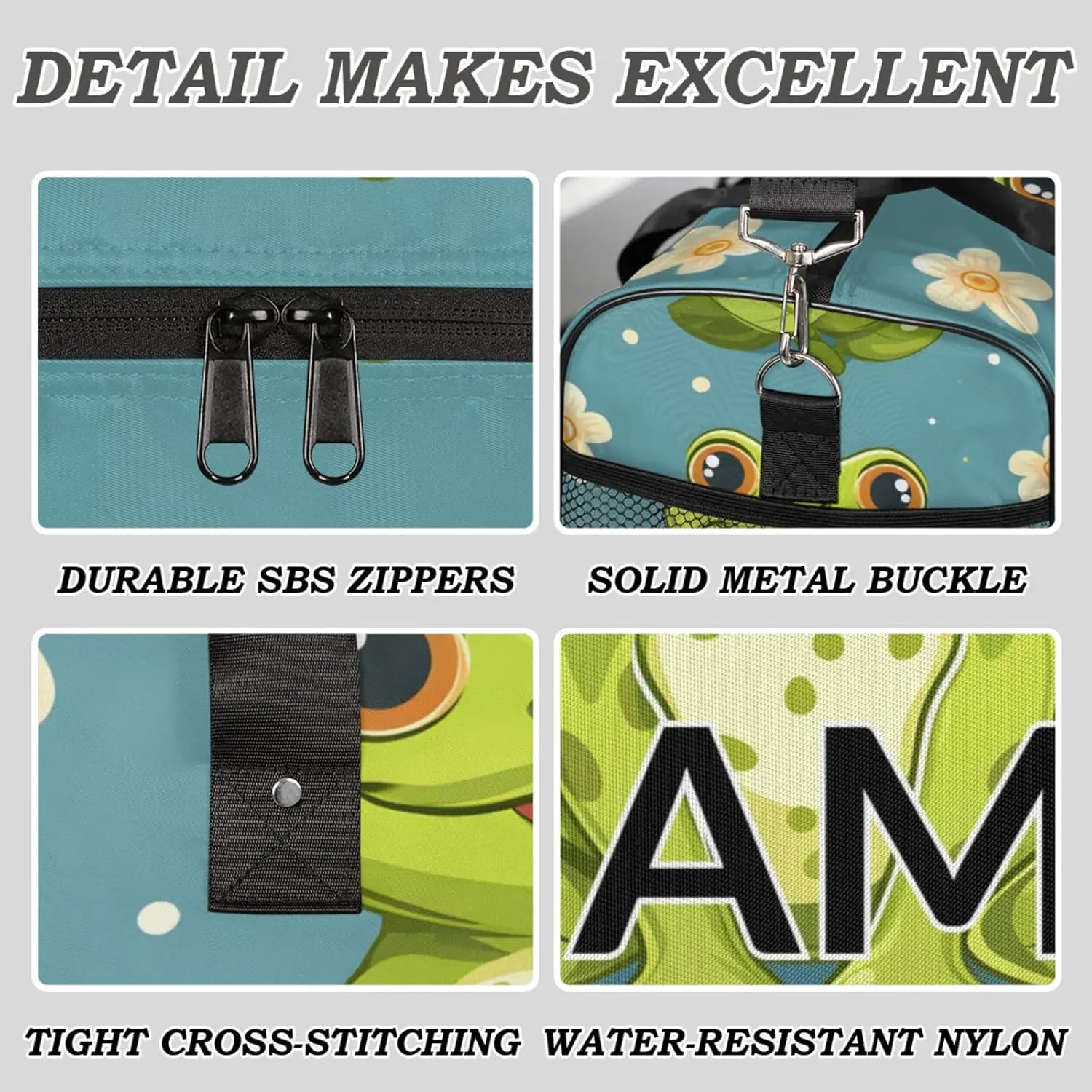 Personalized Cute Frogs Travel Duffel Bag with Name, Custom Gym Sport Bag Nature Daisy Carry On Weekend Overnight Duffel Bag for Men Women