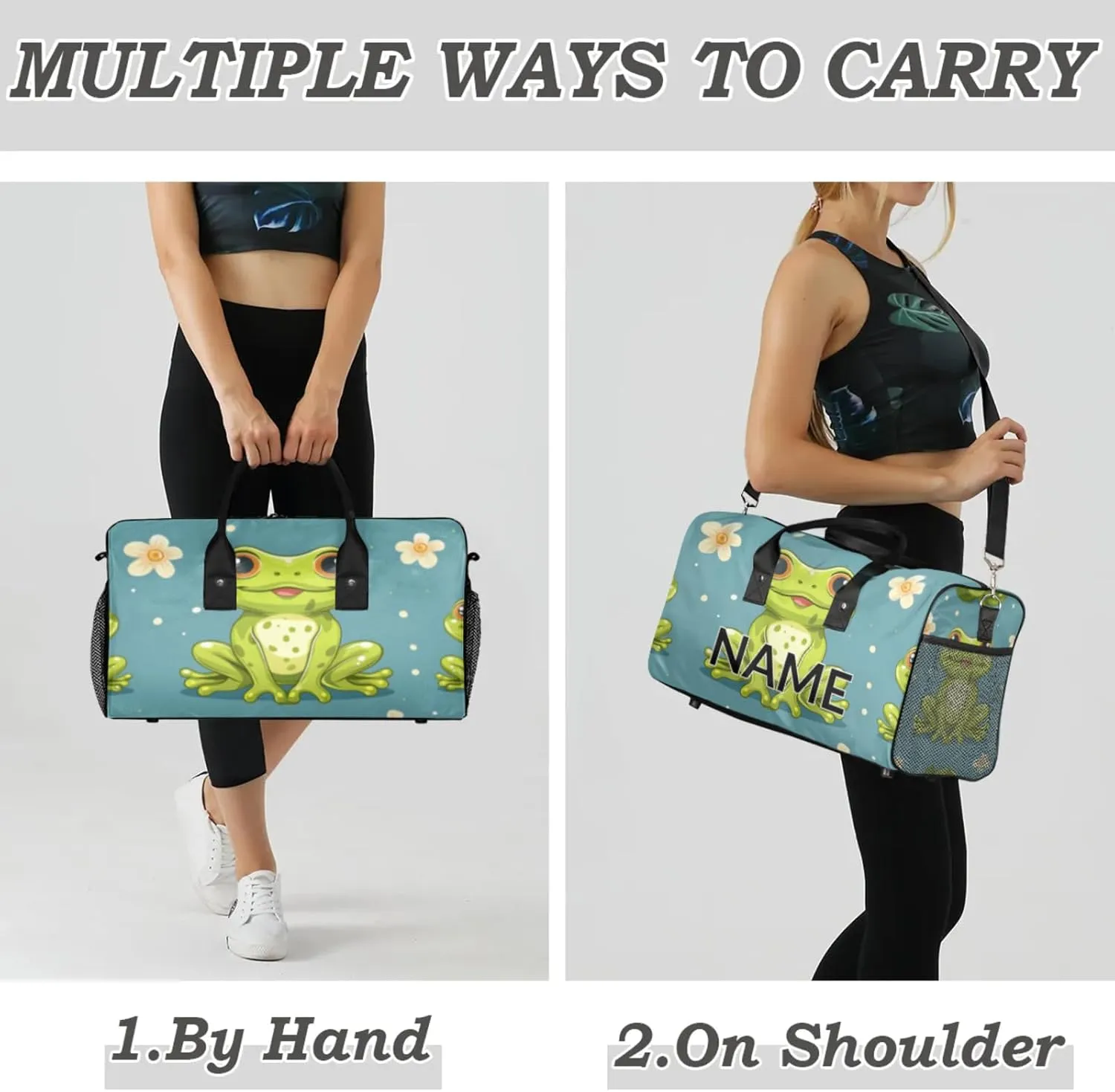 Personalized Cute Frogs Travel Duffel Bag with Name, Custom Gym Sport Bag Nature Daisy Carry On Weekend Overnight Duffel Bag for Men Women