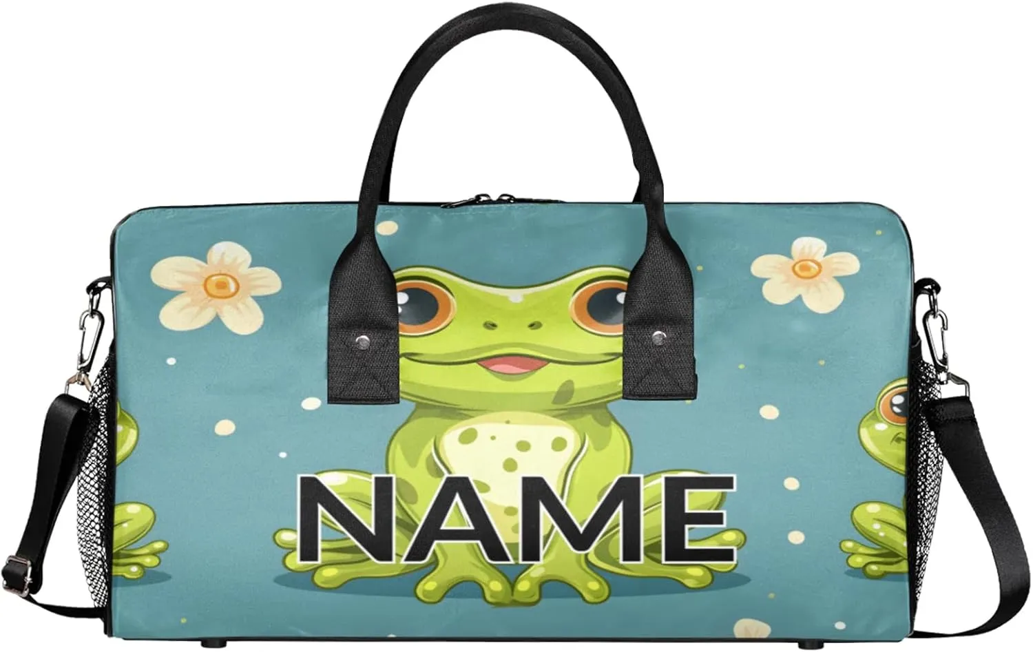 Personalized Cute Frogs Travel Duffel Bag with Name, Custom Gym Sport Bag Nature Daisy Carry On Weekend Overnight Duffel Bag for Men Women