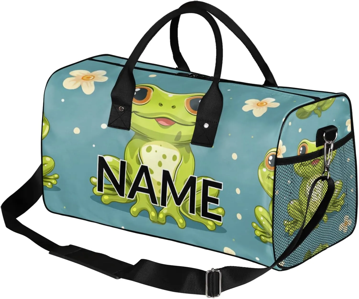 Personalized Cute Frogs Travel Duffel Bag with Name, Custom Gym Sport Bag Nature Daisy Carry On Weekend Overnight Duffel Bag for Men Women