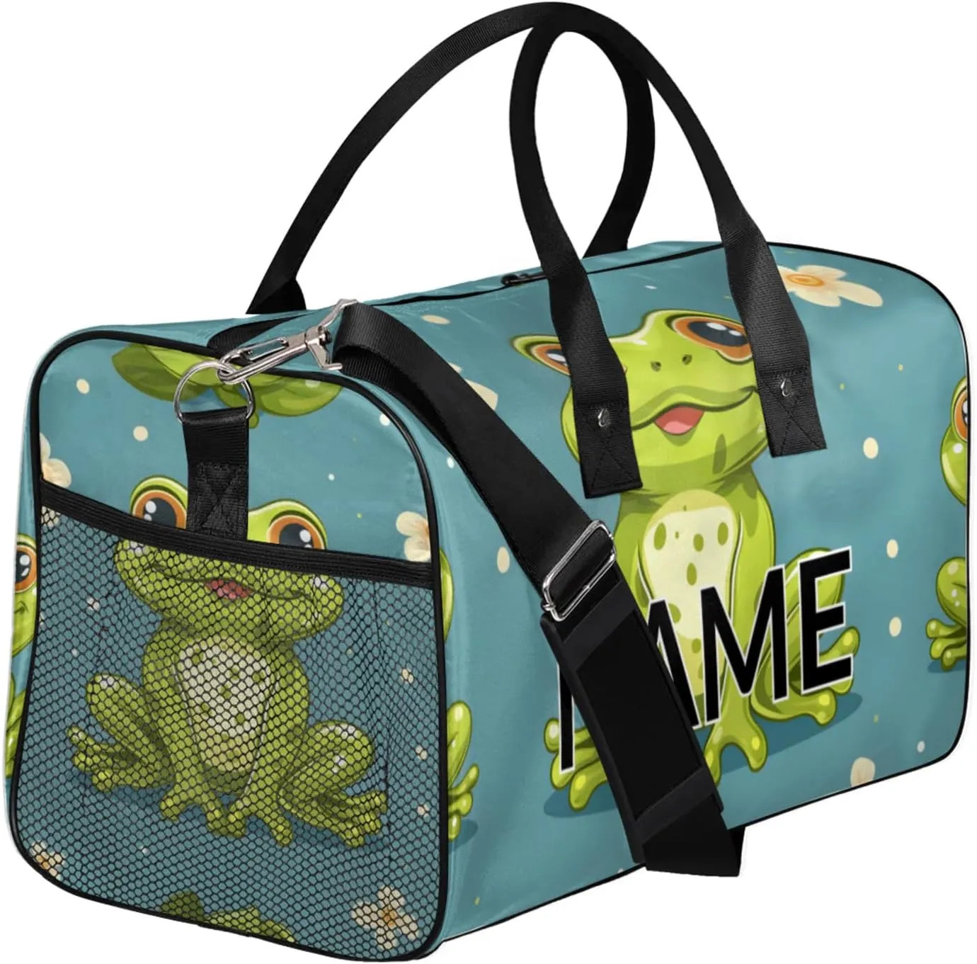 Personalized Cute Frogs Travel Duffel Bag with Name, Custom Gym Sport Bag Nature Daisy Carry On Weekend Overnight Duffel Bag for Men Women