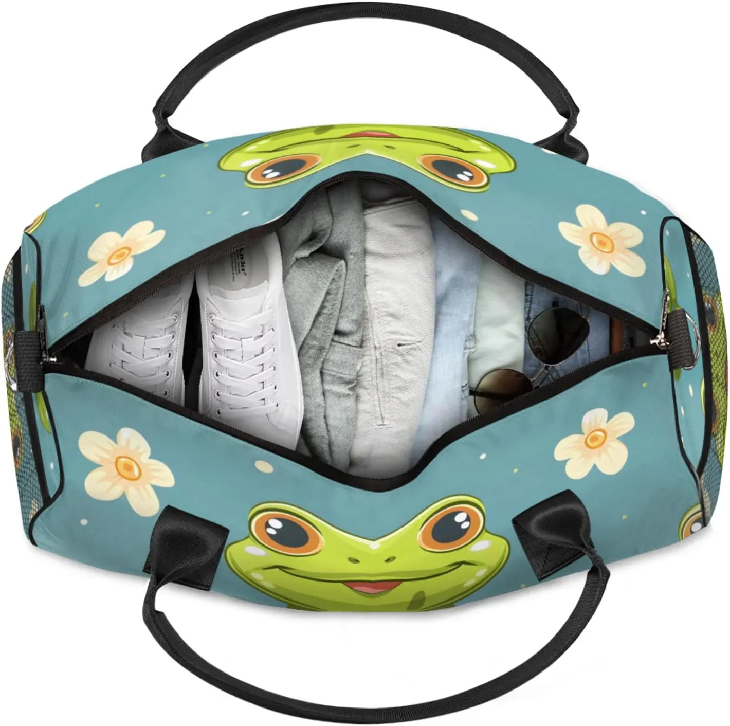 Personalized Cute Frogs Travel Duffel Bag with Name, Custom Gym Sport Bag Nature Daisy Carry On Weekend Overnight Duffel Bag for Men Women