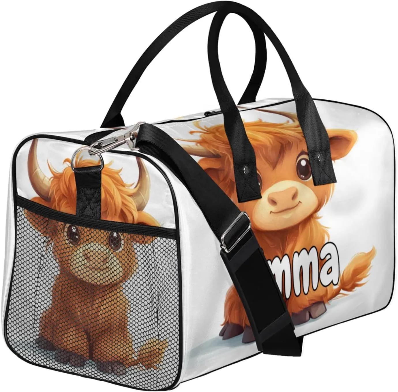 Personalized Cute Highland Cow Travel Duffel Bag with Name, Custom Gym Sport Bag Funny Cattle Carry On Weekend Overnight Duffel Bag for Men Women