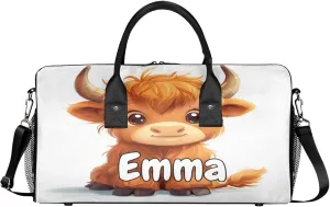 Personalized Cute Highland Cow Travel Duffel Bag with Name, Custom Gym Sport Bag Funny Cattle Carry On Weekend Overnight Duffel Bag for Men Women