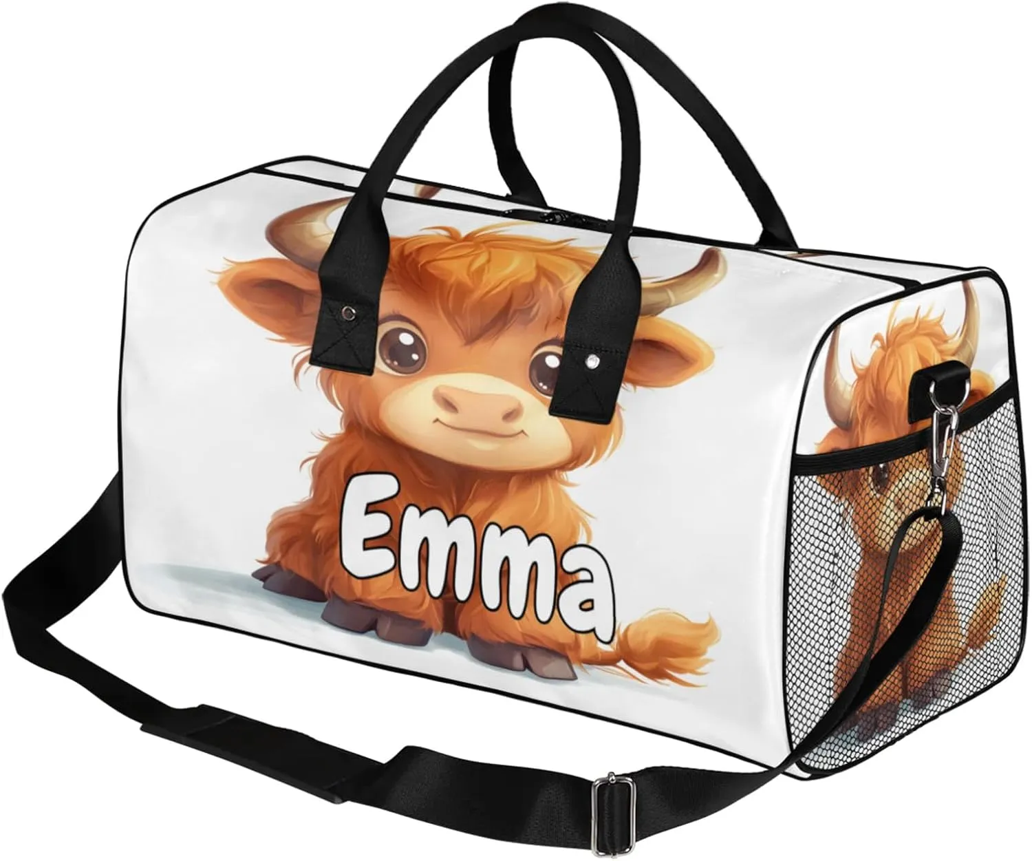 Personalized Cute Highland Cow Travel Duffel Bag with Name, Custom Gym Sport Bag Funny Cattle Carry On Weekend Overnight Duffel Bag for Men Women