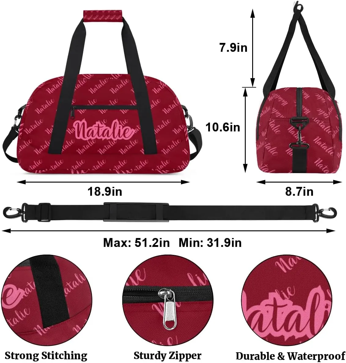 Personalized Dance Bag Duffel Bag for Girl & Boy, Custom Sport Gym Bag Ballet Bag Weekender Bags Travel Bag Name Text Red