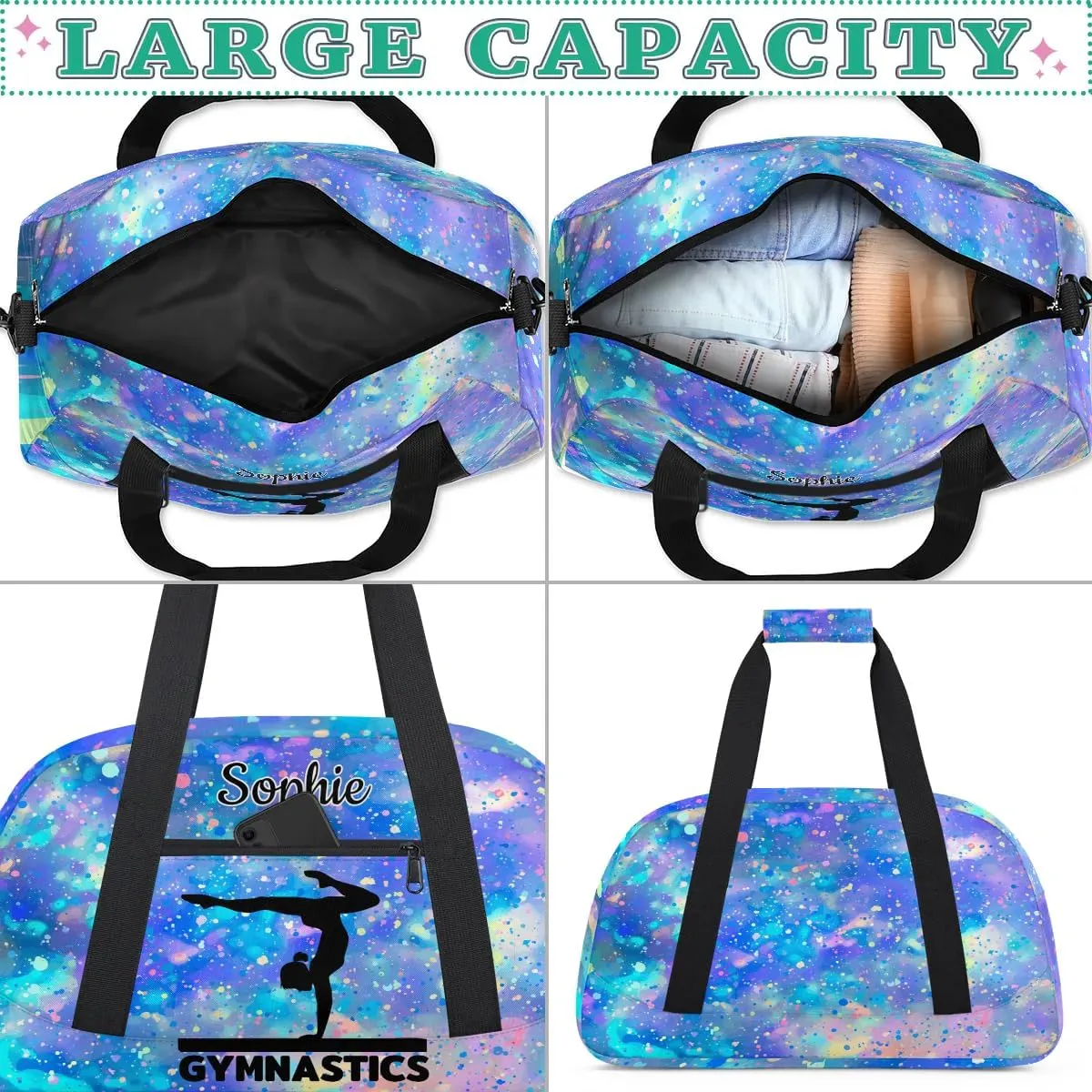 Personalized Dance Bag Gym Bags with Name Custom Sport Duffel Bag Gymnastic Training Bags Weekender Bags Travel Duffel Bag, Blue Purple