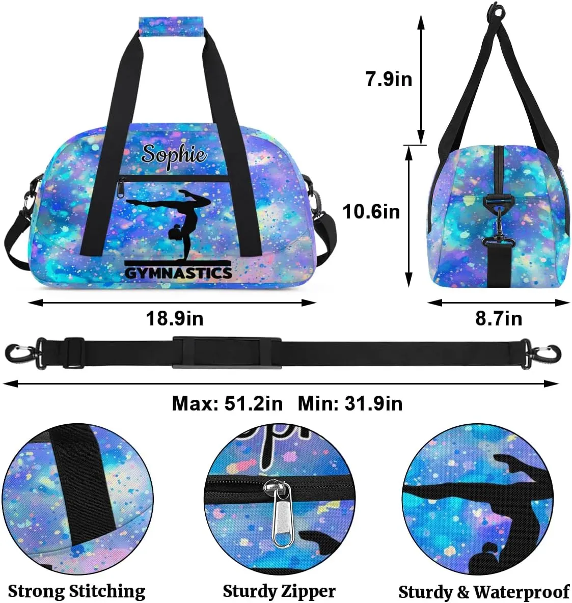 Personalized Dance Bag Gym Bags with Name Custom Sport Duffel Bag Gymnastic Training Bags Weekender Bags Travel Duffel Bag, Blue Purple