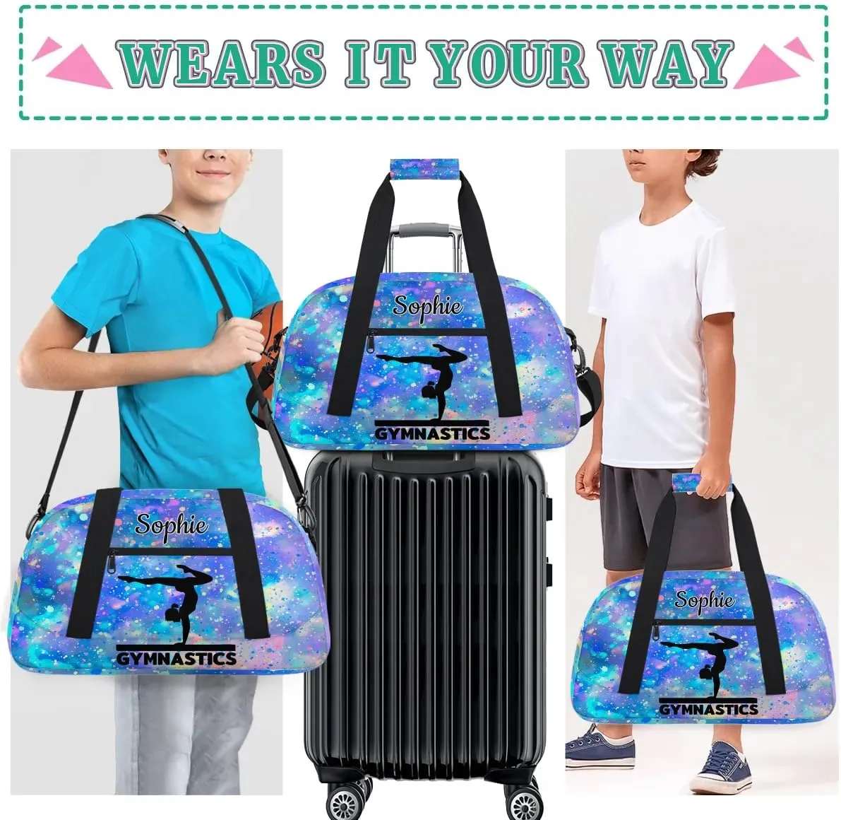 Personalized Dance Bag Gym Bags with Name Custom Sport Duffel Bag Gymnastic Training Bags Weekender Bags Travel Duffel Bag, Blue Purple
