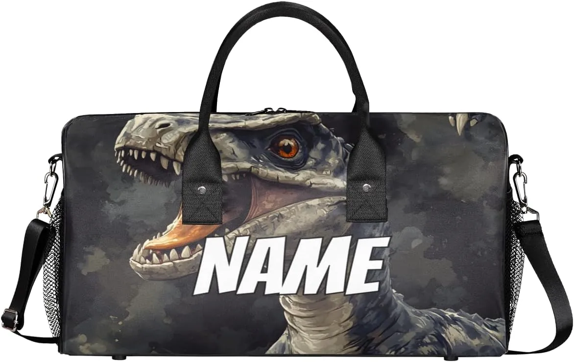 Personalized Dinosaur Theme Travel Duffel Bag with Name, Custom Gym Sport Bag Jungle Animals Carry On Weekend Overnight Duffel Bag for Men Women